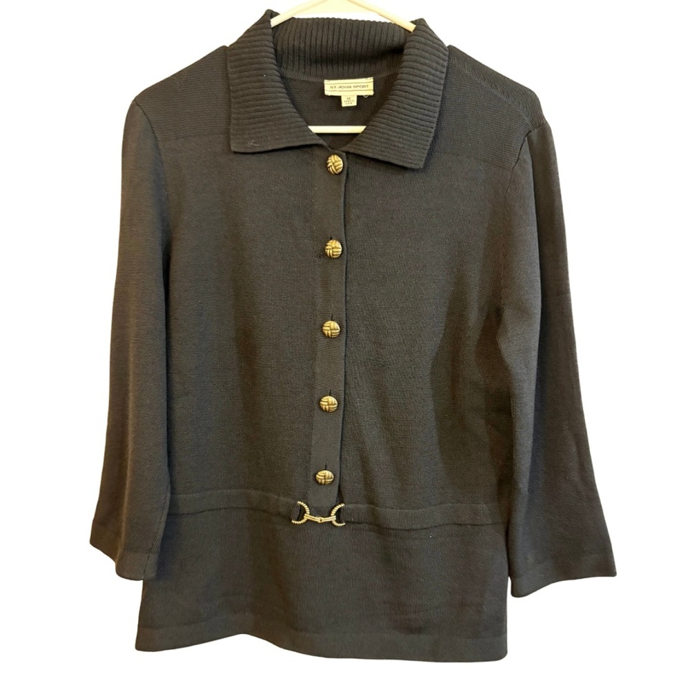 St. John Sport Black Knit Jacket Gold Buttons Hook Closure Size M USA Made